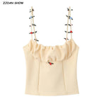 Flirty Apricot Applique Camisole With Ruched Chest O Neck Knit Tank Top