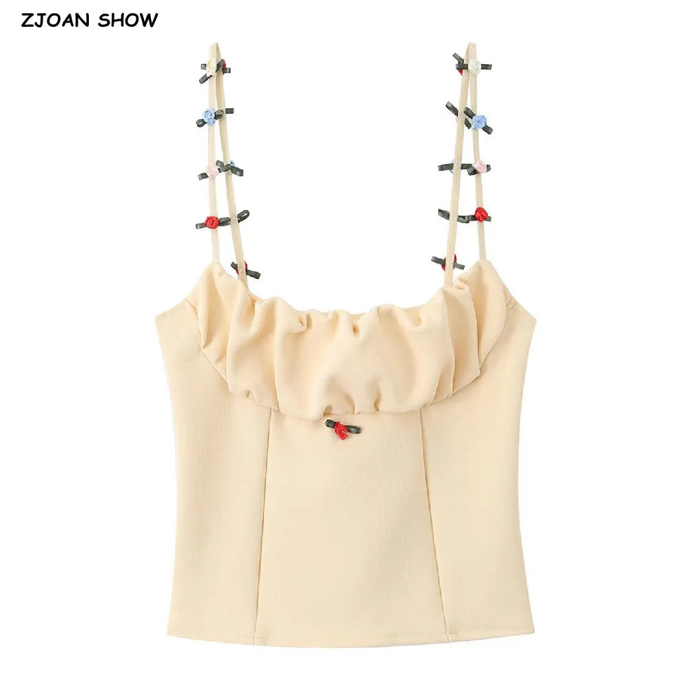 Flirty Apricot Applique Camisole With Ruched Chest O Neck Knit Tank Top