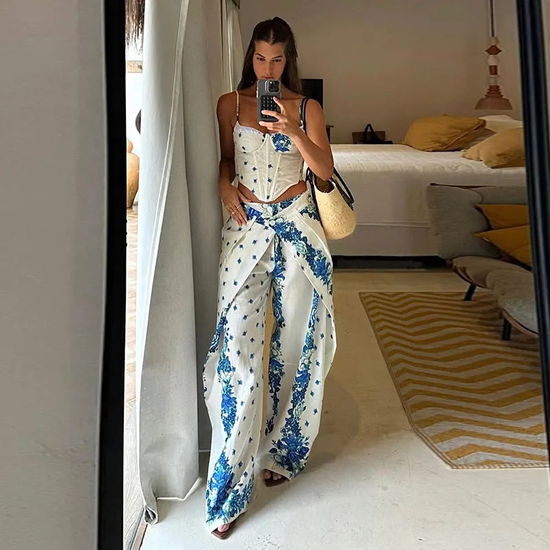 Playful Printed Vest And Trouser Set For Women Two Piece With Sleeveless Slip Top