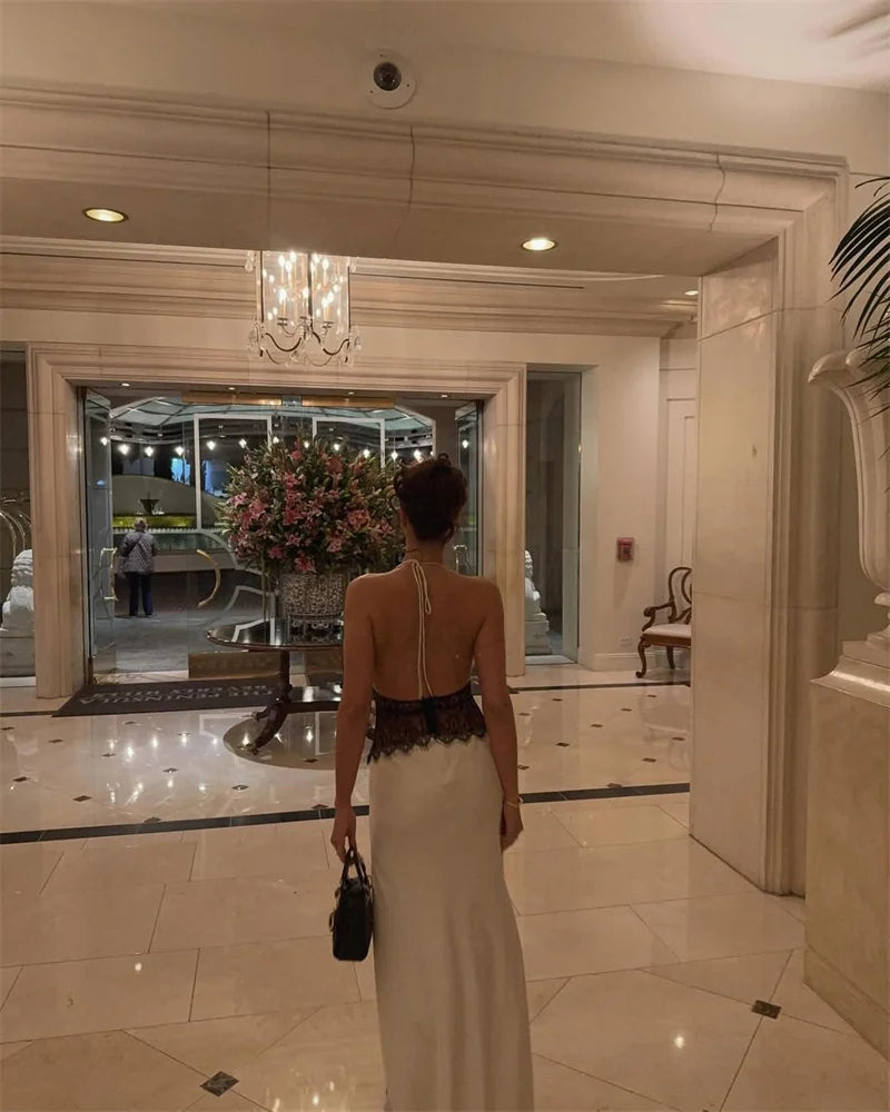 Backless Maxi Gown With Patchwork Lace Halter Neck Deep V And High Waist Elegance