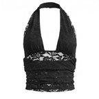 Lace Two Piece Set With Halter Backless Crop Top And Tie Waist Capri Pants See Through