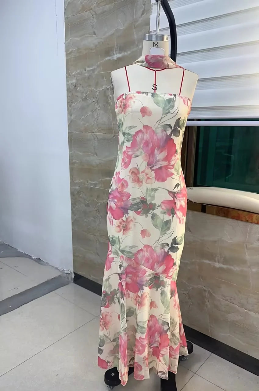 Floral Tube Maxi Dress With Scarf Strapless Backless Mesh Bodycon Sundress