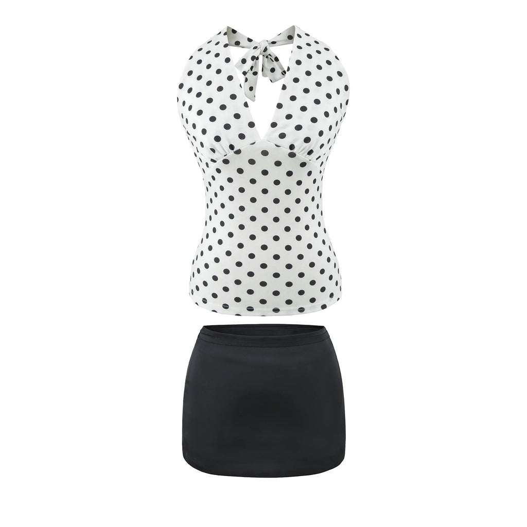 Hot Girl Spicy Two-Piece  Retro Polka Dot Necktie Top Satin High Waist Short Skirt Set