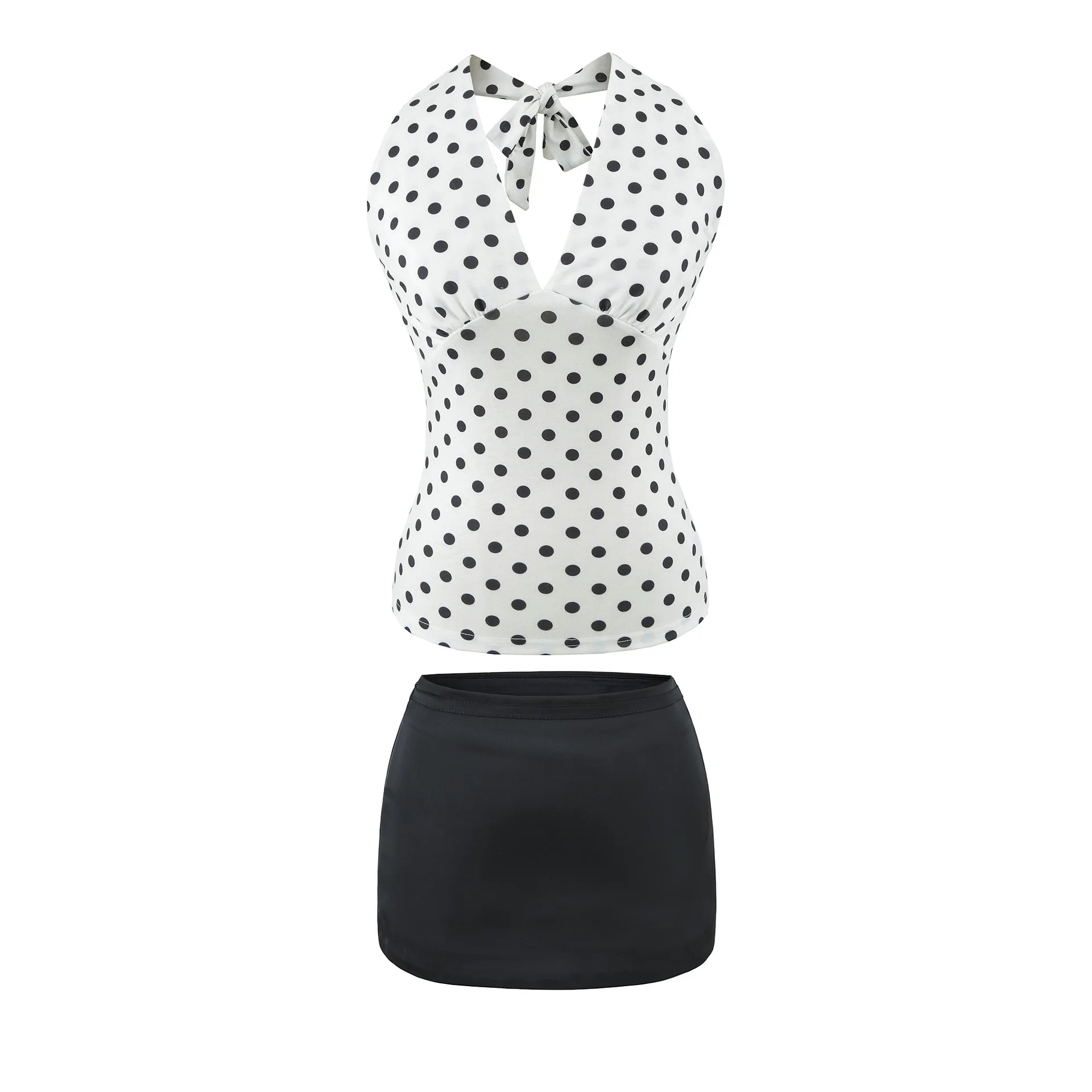 Hot Girl Spicy Two-Piece  Retro Polka Dot Necktie Top Satin High Waist Short Skirt Set