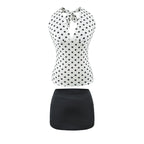 Hot Girl Spicy Two-Piece  Retro Polka Dot Necktie Top Satin High Waist Short Skirt Set