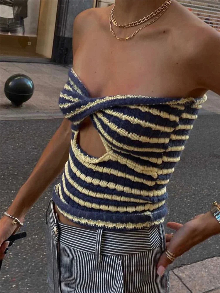 Off Shoulder Knit Tube Top With Stripe Backless Bustier Cropped