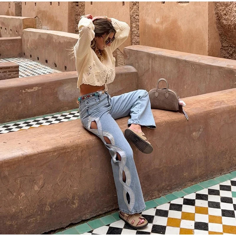 Side Hollow Out High Waist Jeans With Straight Leg Denim