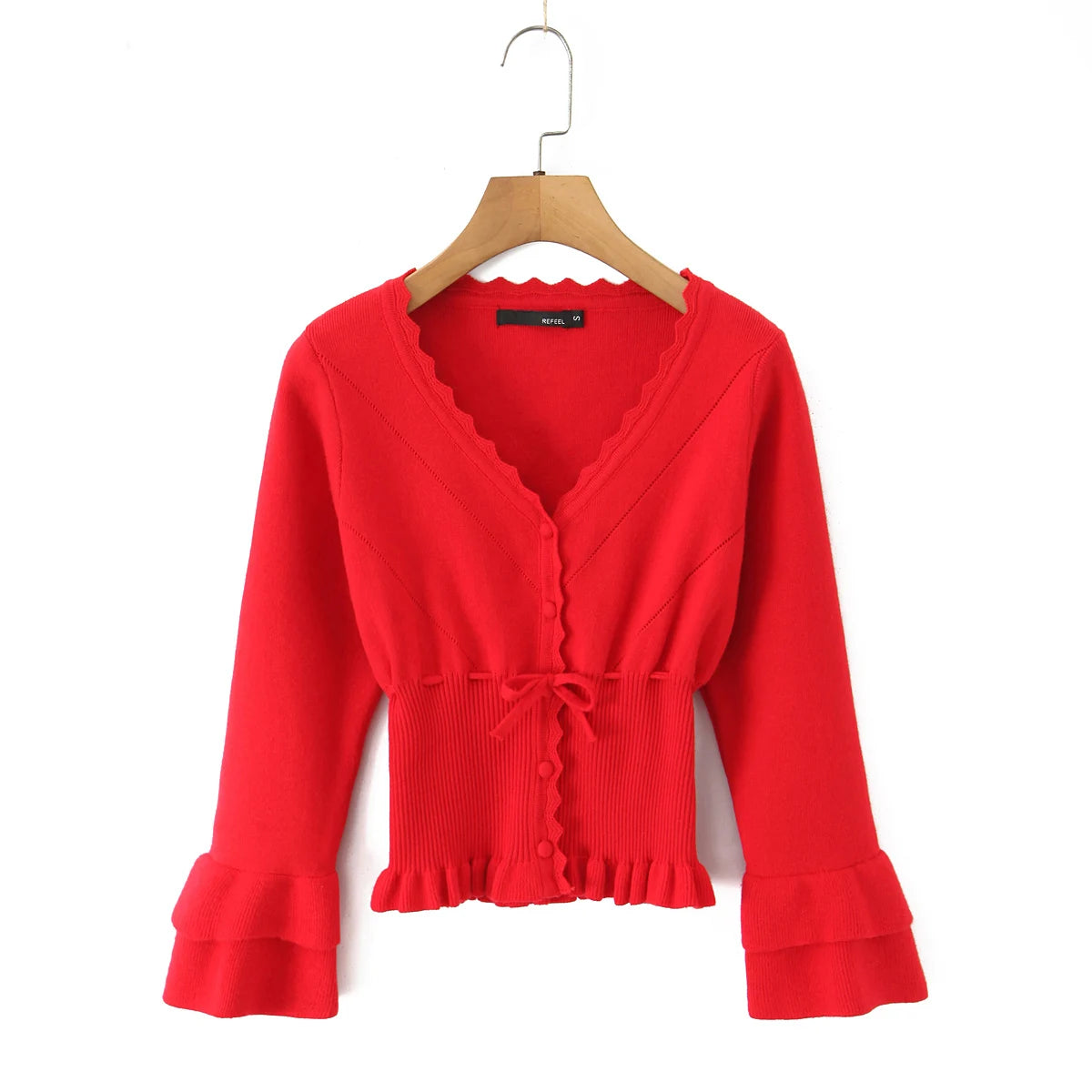 Hollow Crochet Knit Cropped Sweater in Beige and Red Long Sleeve Knit Top for Women