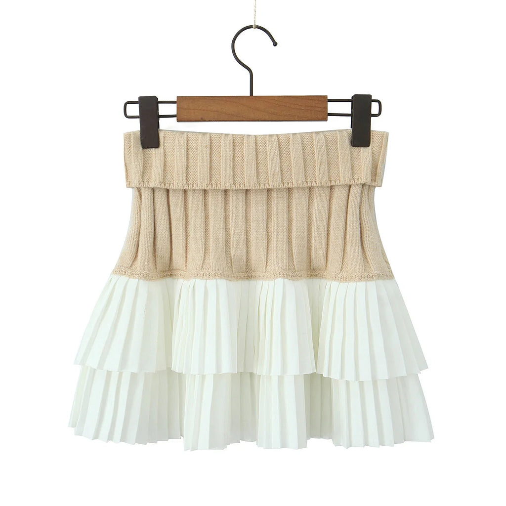 Knit Color Block Mini Skirt High Waisted Pleated