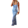 Women Thin Shoulder Straps Tied Long Cami Dress Sleeveless Low Cut Tie Up Flower Embroidery Mermaid Sundress
