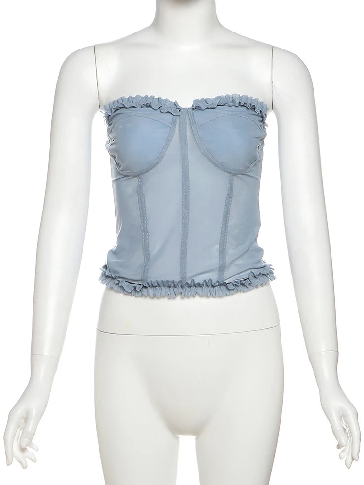 See Through Patchwork Strapless Top With Fishbone Detail Backless Fashion