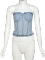 See Through Patchwork Strapless Top With Fishbone Detail Backless Fashion