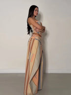 Chic Strips Pants Women Set Patchwork Slash Neck Bandage Top Pleated Asymmetry Trousers