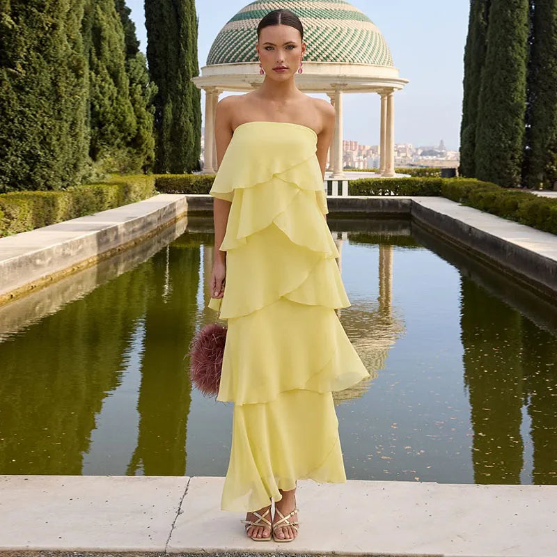 Gradient Flowy Chiffon Three Piece Set With Tube Top Tiered Skirt And Sheer Scarf