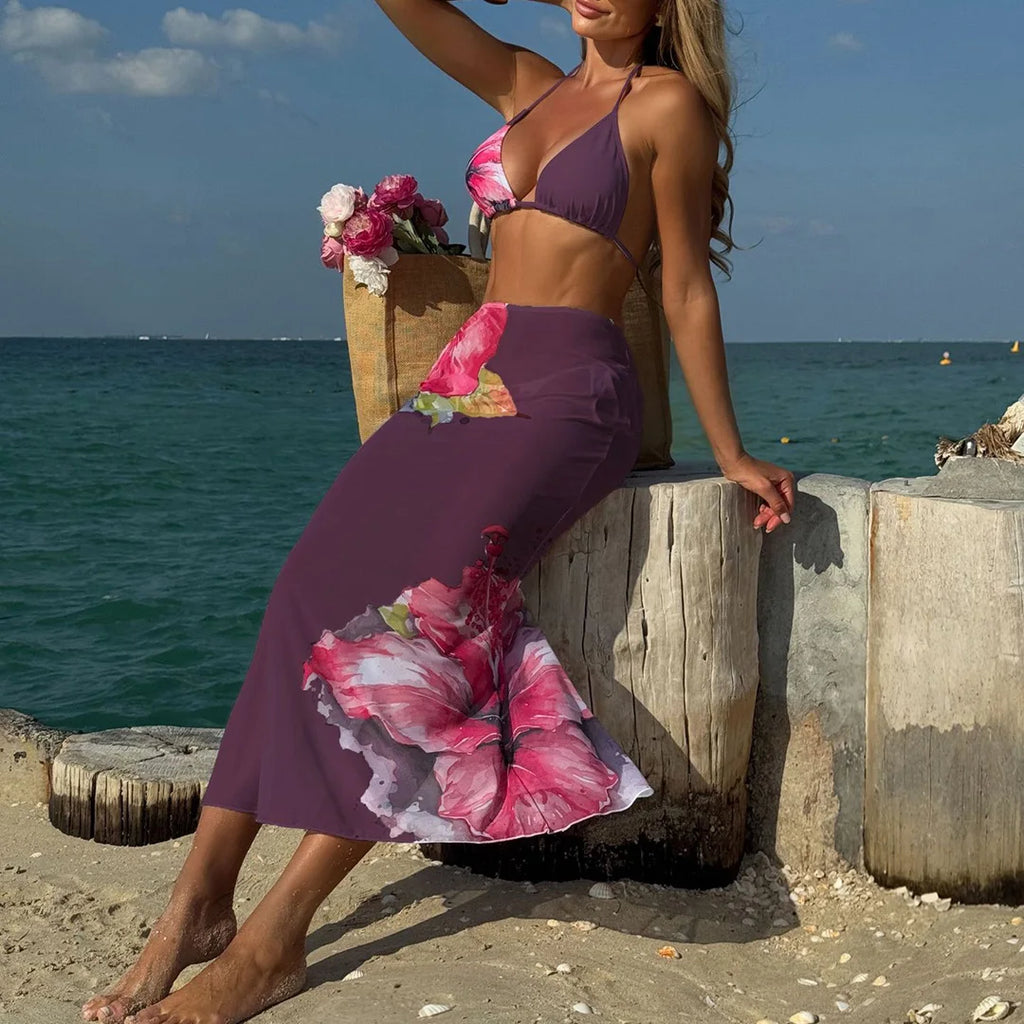 Flowers Printed With Skirt Halter Bikini Three-pieces Bikini set