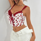 Floral Cami Top With Lace Trim Underwire Bandage Fishbone Backless Corset