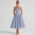 Gingham Square Neck A-Line Midi Dress With Pockets
