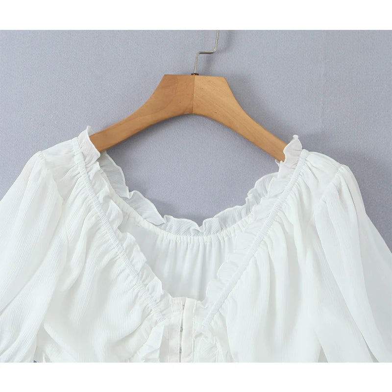 Sunlit Vintage Puff Sleeve V Neck White Chiffon Crop Top Blouse