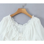 Sunlit Vintage Puff Sleeve V Neck White Chiffon Crop Top Blouse