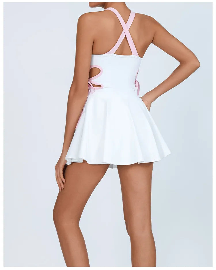 Tennis Dress Women with Separate Shorts White Contrast Hollowed Out Drawstring Side Sports Yoga Dress Training Running Fitness