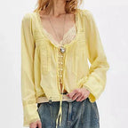 Dreamy Lace Patchwork Sheer Long Sleeve Blouse With Square Neck And Tie Front Crop Top