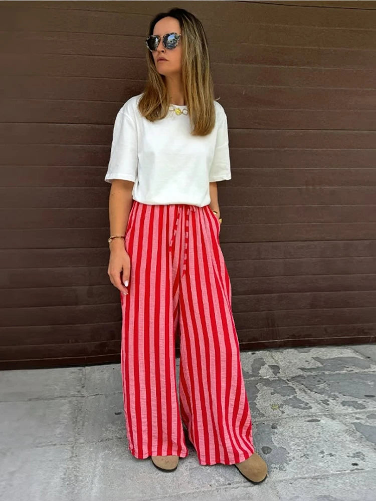 Relaxed Striped Pants For Women With Elastic Waist And Lace Up Detail Wide Leg Straight Trousers