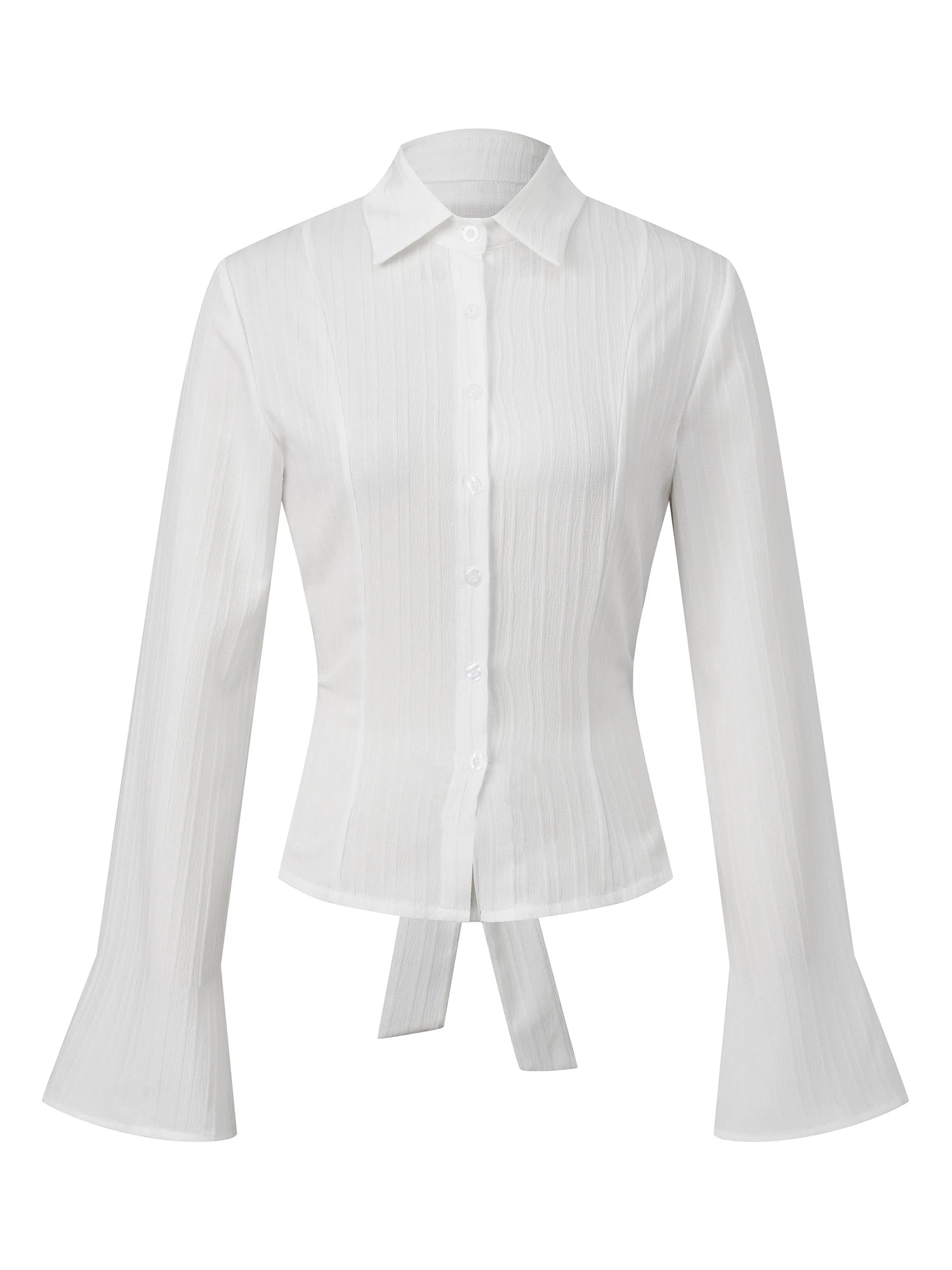 Cinched Waist Button Down Blouse With Back Tie Long Sleeve