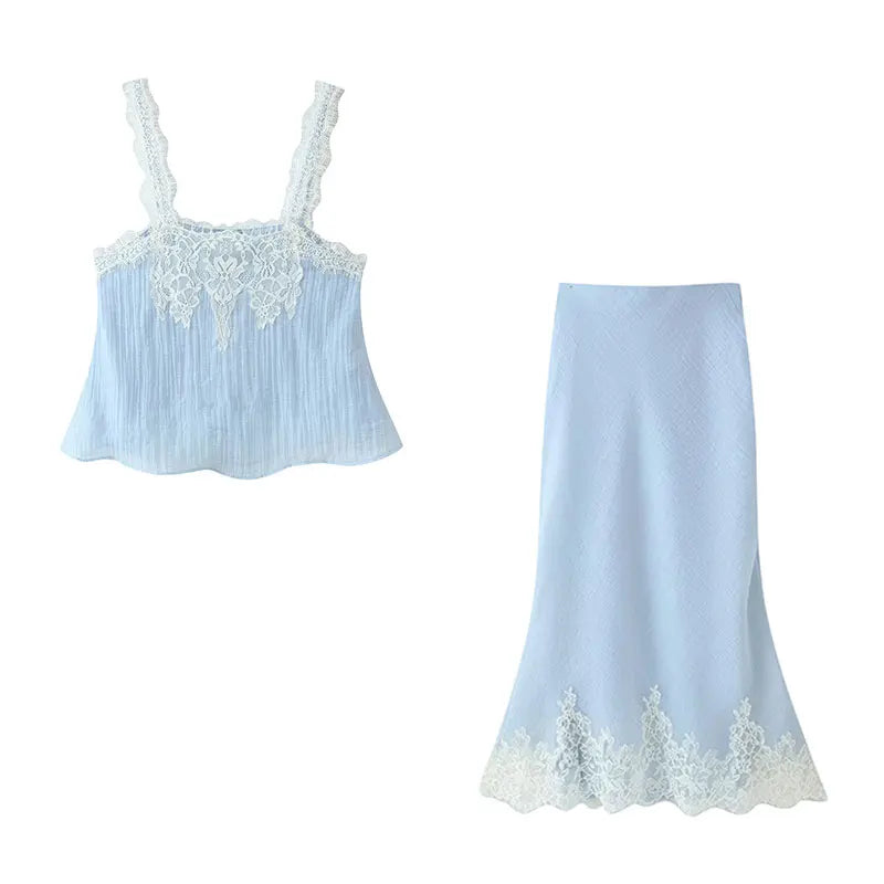 Patchwork Lace Camisole Top And Midi Skirt Set