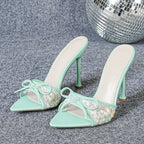 Elegant Embroidered Mesh Pointed Toe Heels