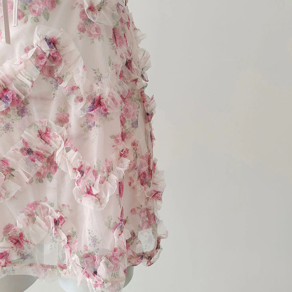 Delicate Lolita Sleepwear Nightdress Set With Flower Lace Mesh And Suspender Details