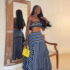 Bohemian Blue Striped Two-piece Set Strapless Ruffled Crop Top Tiered Maxi Skirt