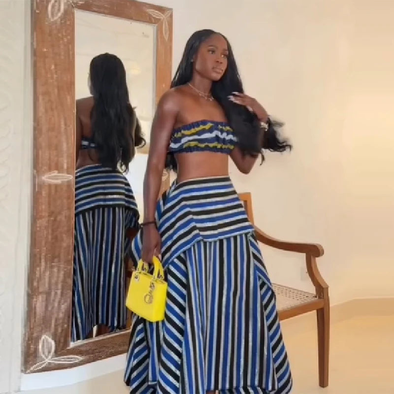 Bohemian Blue Striped Two-piece Set Strapless Ruffled Crop Top Tiered Maxi Skirt