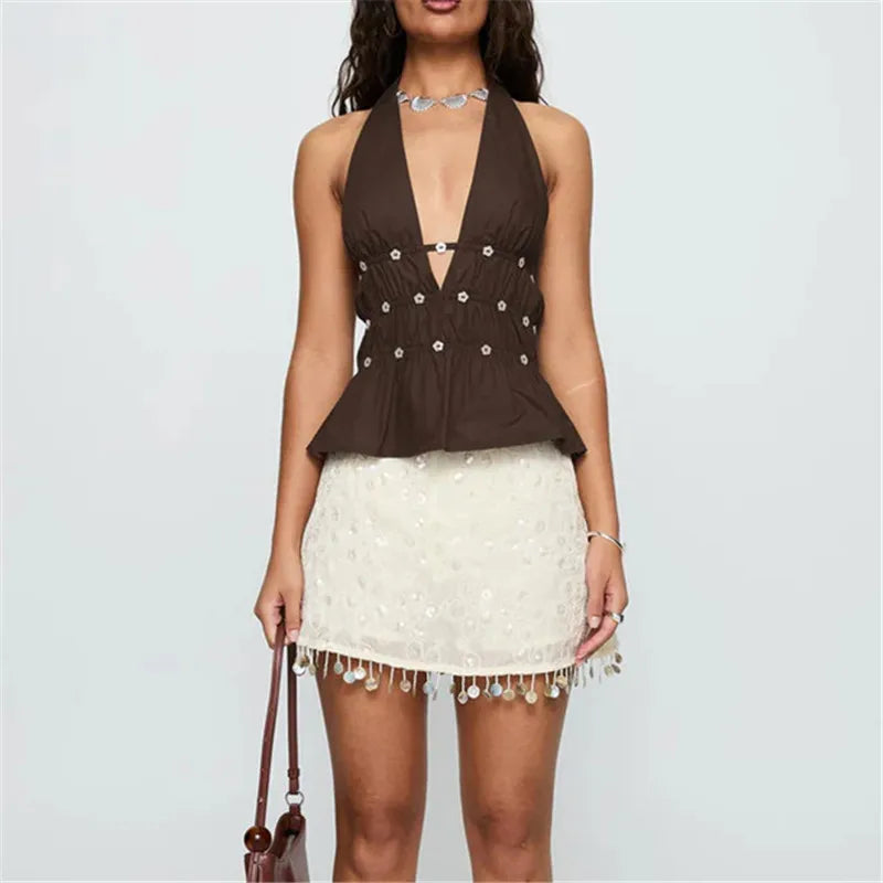 Shimmer Sequin Mini Skirt With Floral Embroidery A Line Silhouette Set