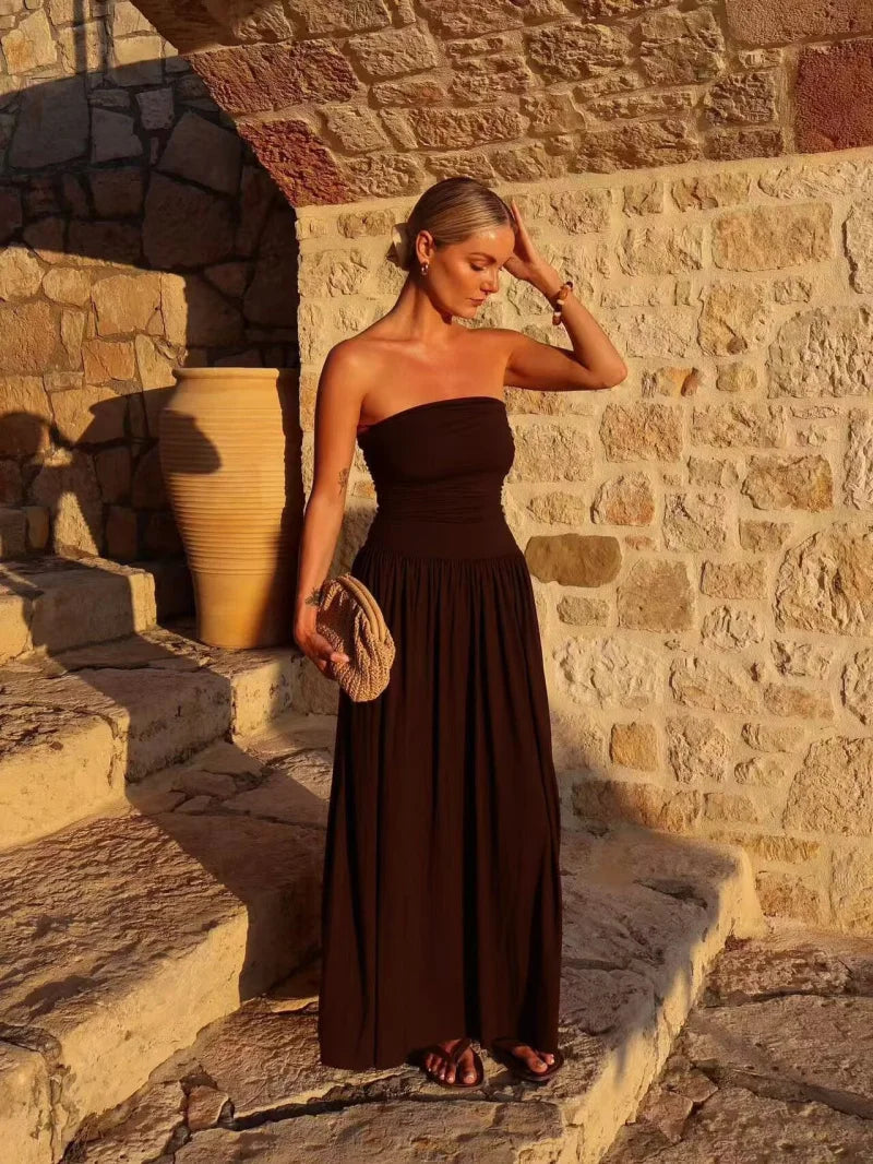 Elegant Strapless Off Shoulder Pleated Maxi Dress With Slim Silhouette