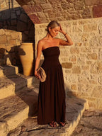 Elegant Strapless Off Shoulder Pleated Maxi Dress With Slim Silhouette
