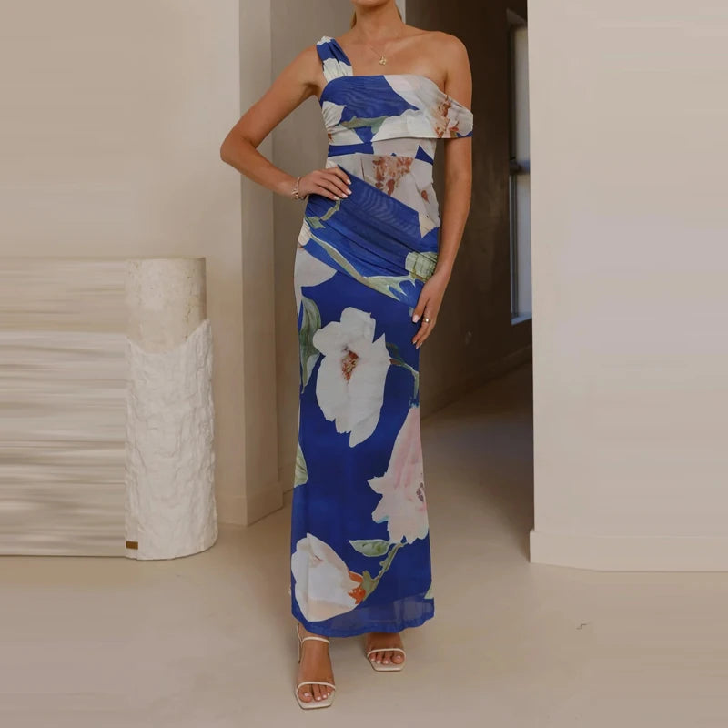 Elegant Floral Mesh Maxi Dress Sleeveless With Slash Collar