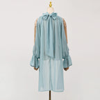 Off Shoulder Chiffon Blouse With Lightweight Fit Asymmetrical Hem And Bow Detail