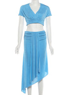 Velvet two piece Set for Women With V Neck Crop Top Ruched Ribbon Patchwork Irregular Hem