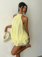Women's Halter Neck Chiffon Mini Dress - Backless Tie-Front