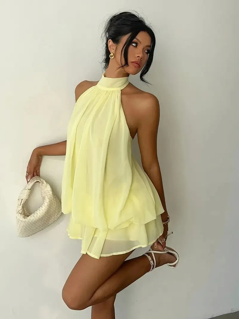 Women's Halter Neck Chiffon Mini Dress - Backless Tie-Front