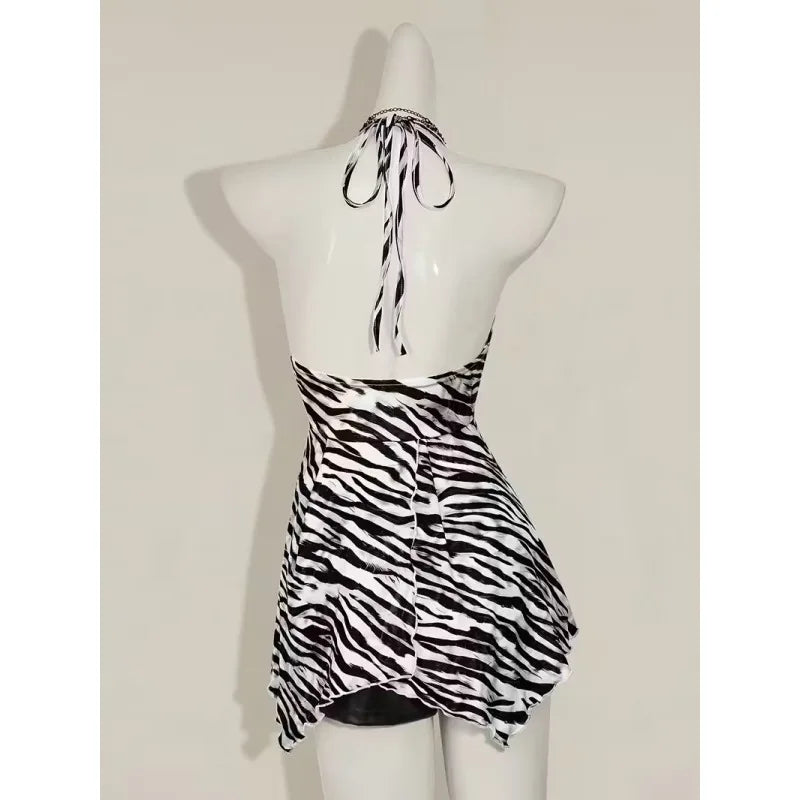Zebra Print V Neck Backless Halter Top
