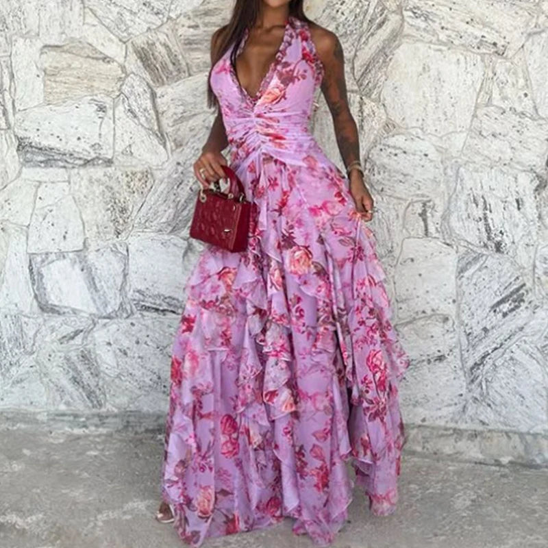 Elegant Patterned Dress With Lace Up Halter Neck Slim Long Silhouette And Ruffle Detail