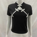 Ladies Blouse With Mandarin Collar Short Sleeve Crop Top Keyhole Frog Button Vintage Asymmetrical Design