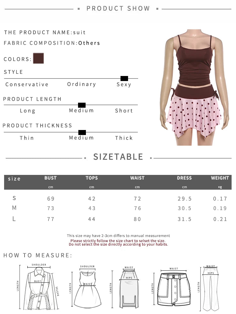 Pink Brown Two Piece Set With Polka Dot Cami And Ruched Mini Skirt