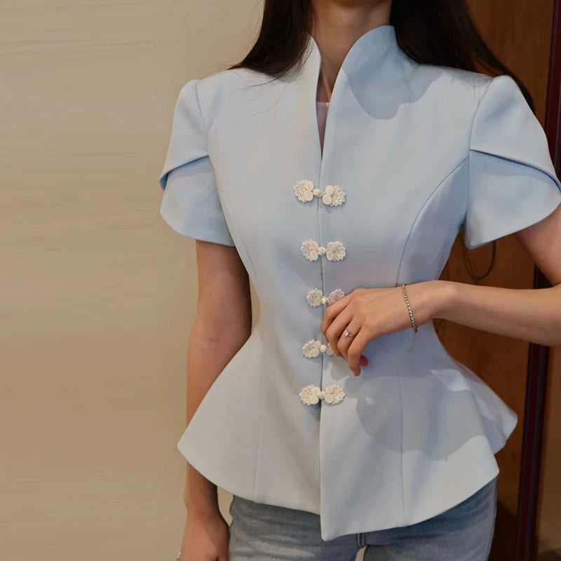 Blue Stand Collar Puff Sleeve Blazer Single Breasted