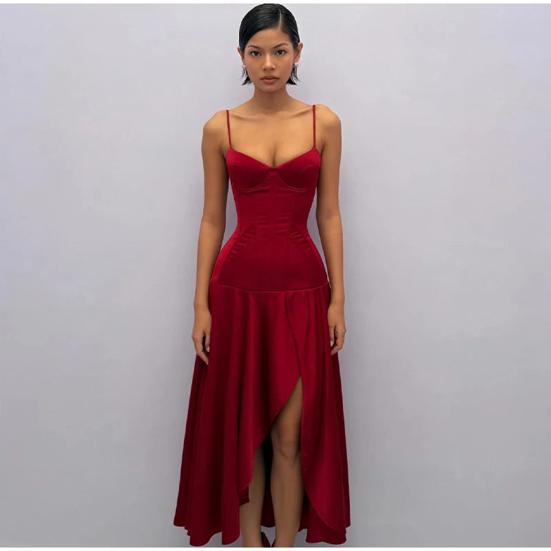 Slit Waist Cinching Evening Dress V Neck Sleeveless Slim Irregular Long