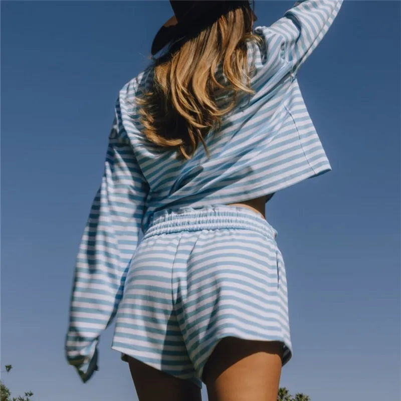 Cozy Striped Knit Lounge Set With Oversized Top And Shorts For Relaxed Comfort Everyday