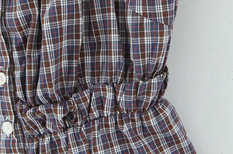 Sweet Plaid Chic Single Breasted Cropped Tops French Square Collar Puff Sleeve Blouse