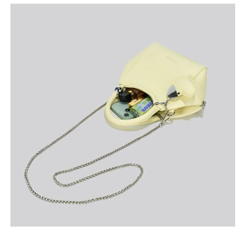 Romantic Litchi Grain Mini Shoulder Bag With Heart Pendant And Delicate Chain Strap