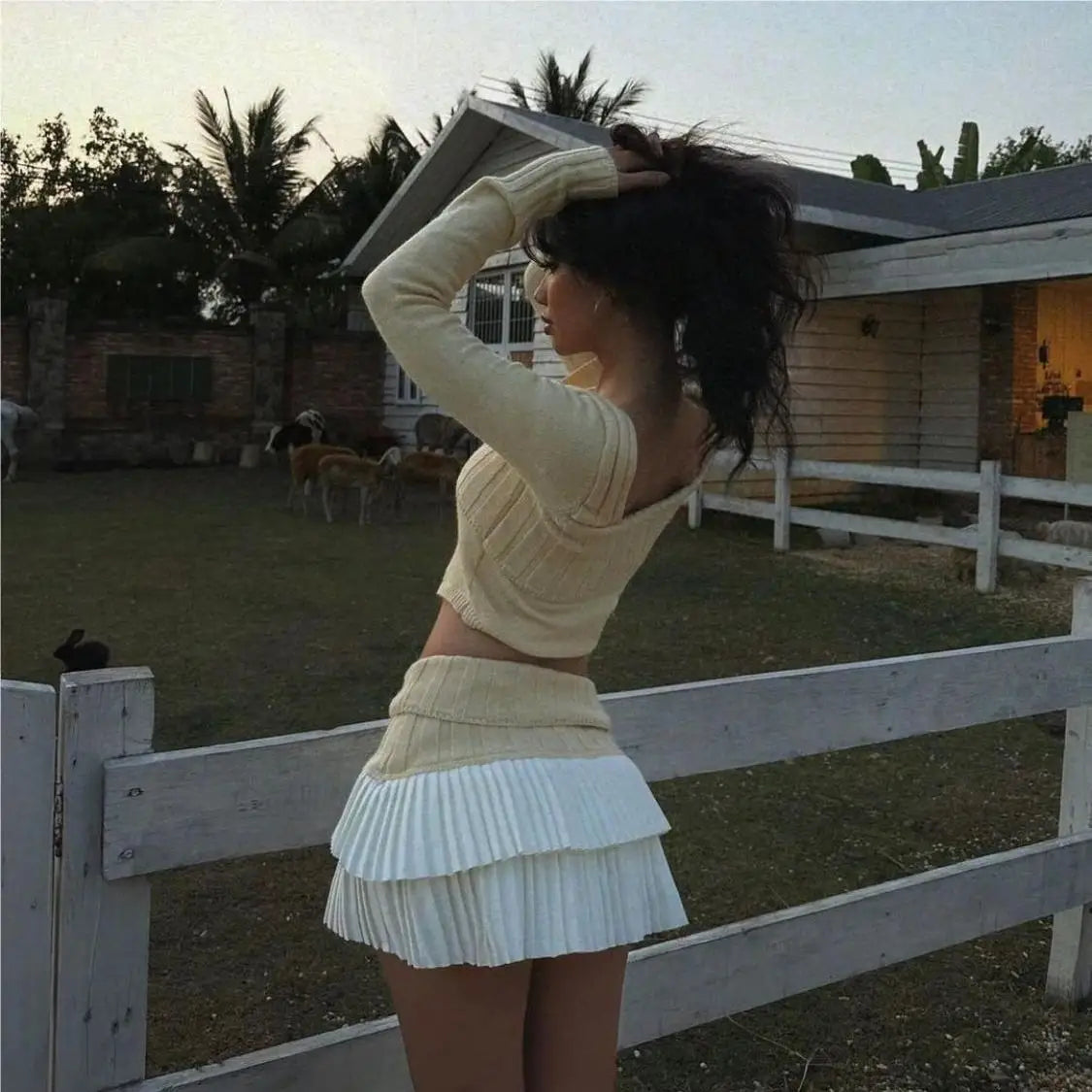 Knit Color Block Mini Skirt High Waisted Pleated